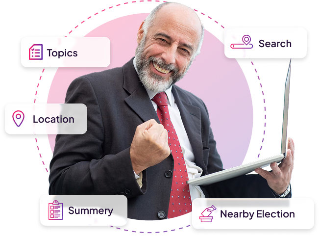 My Ballot Companion team member reviewing ballot information, labeled with Topics, Search, Location, Summary, and Nearby Election